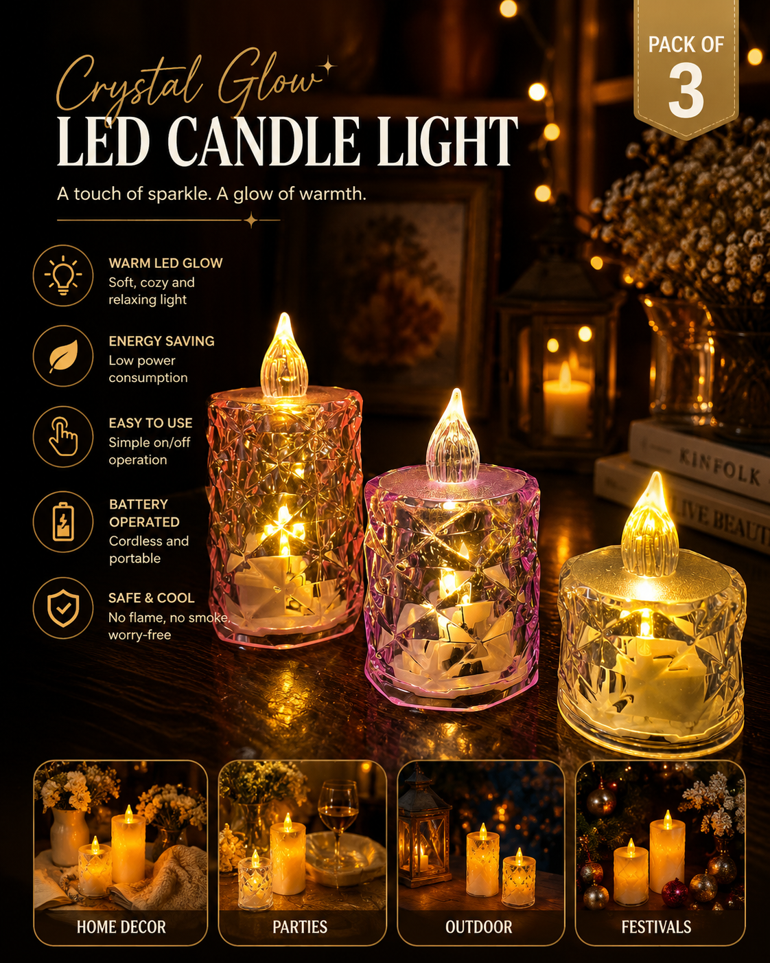 Premium Crystal LED Candle Lights (Pack of 3) | Battery Powered Flameless Decorative Tea Lights | Warm White Glow