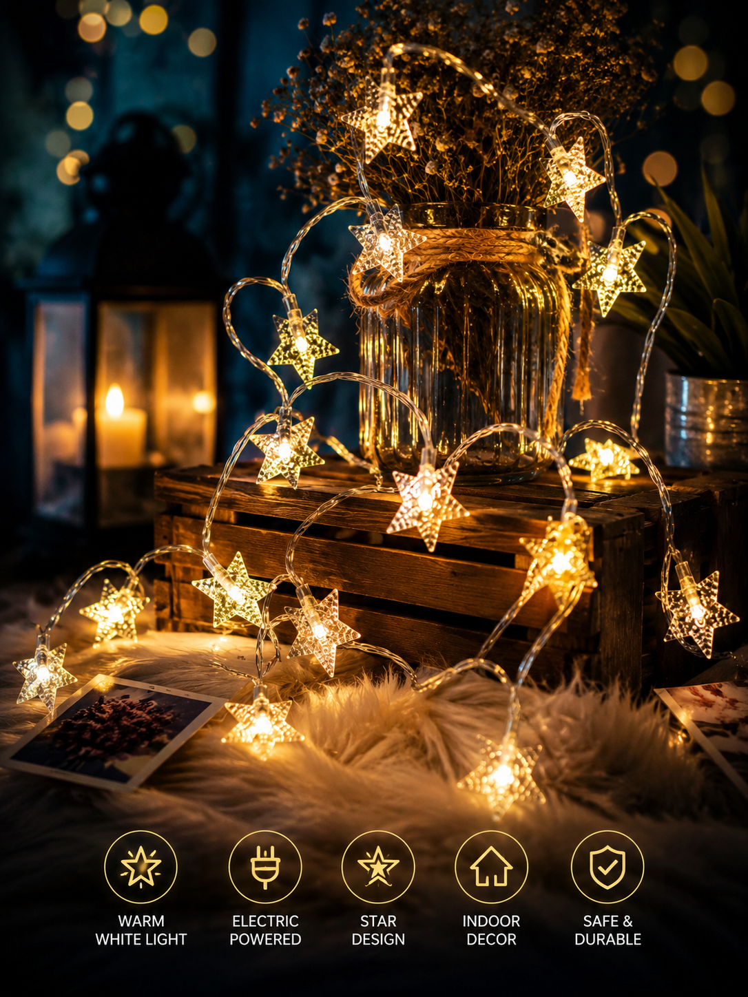 LED Star Fairy String Lights | Decorative Hanging Lights | Energy-Efficient Warm White Lights for Festivals, Parties & Home Decoration
