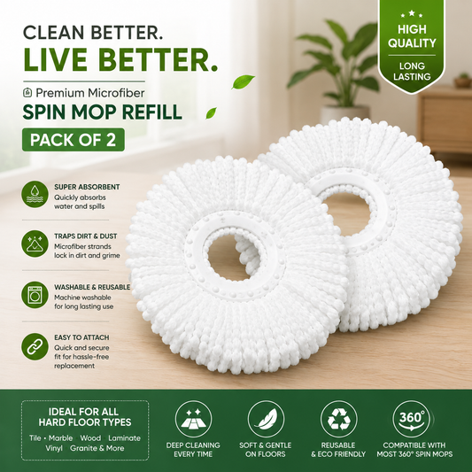 Microfiber Spin Mop Head Refill Pack of 2 | 360° Rotating Replacement Mop Heads | Super Absorbent, Washable & Durable Mop Refills for Floor Cleaning