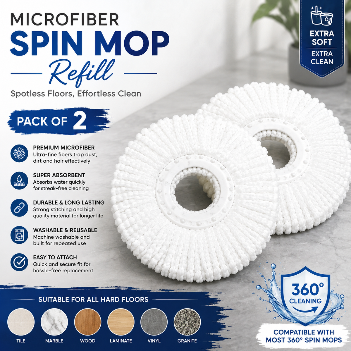 Microfiber Spin Mop Head Refill Pack of 2 | 360° Rotating Replacement Mop Heads | Super Absorbent, Washable & Durable Mop Refills for Floor Cleaning