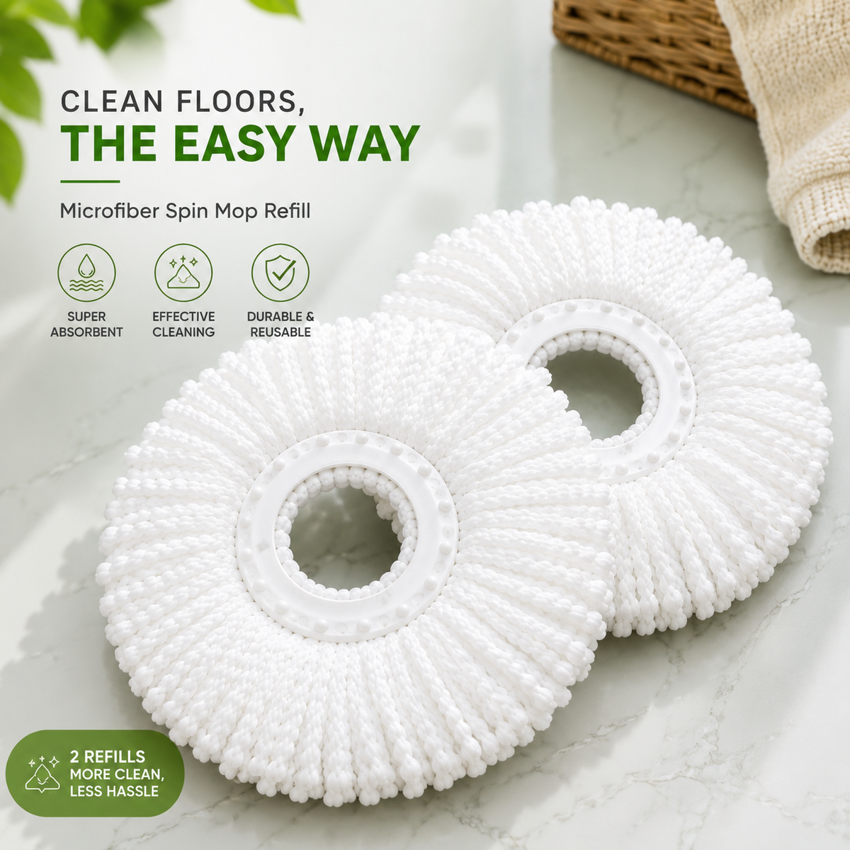 Microfiber Spin Mop Head Refill Pack of 2 | 360° Rotating Replacement Mop Heads | Super Absorbent, Washable & Durable Mop Refills for Floor Cleaning