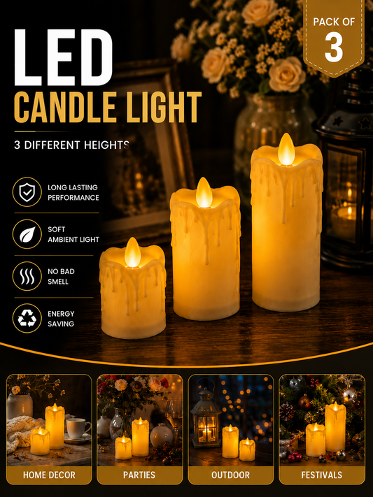 LED Flameless Tea Light Candles (Pack of 3) | Battery Operated Flickering Candle Lights | Warm White Decorative Candles for Diwali, Home Décor & Parties