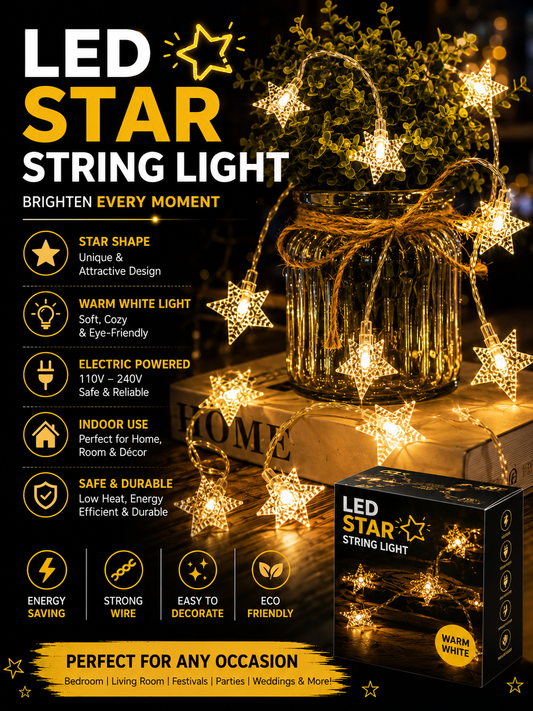 LED Star Fairy String Lights | Decorative Hanging Lights | Energy-Efficient Warm White Lights for Festivals, Parties & Home Decoration