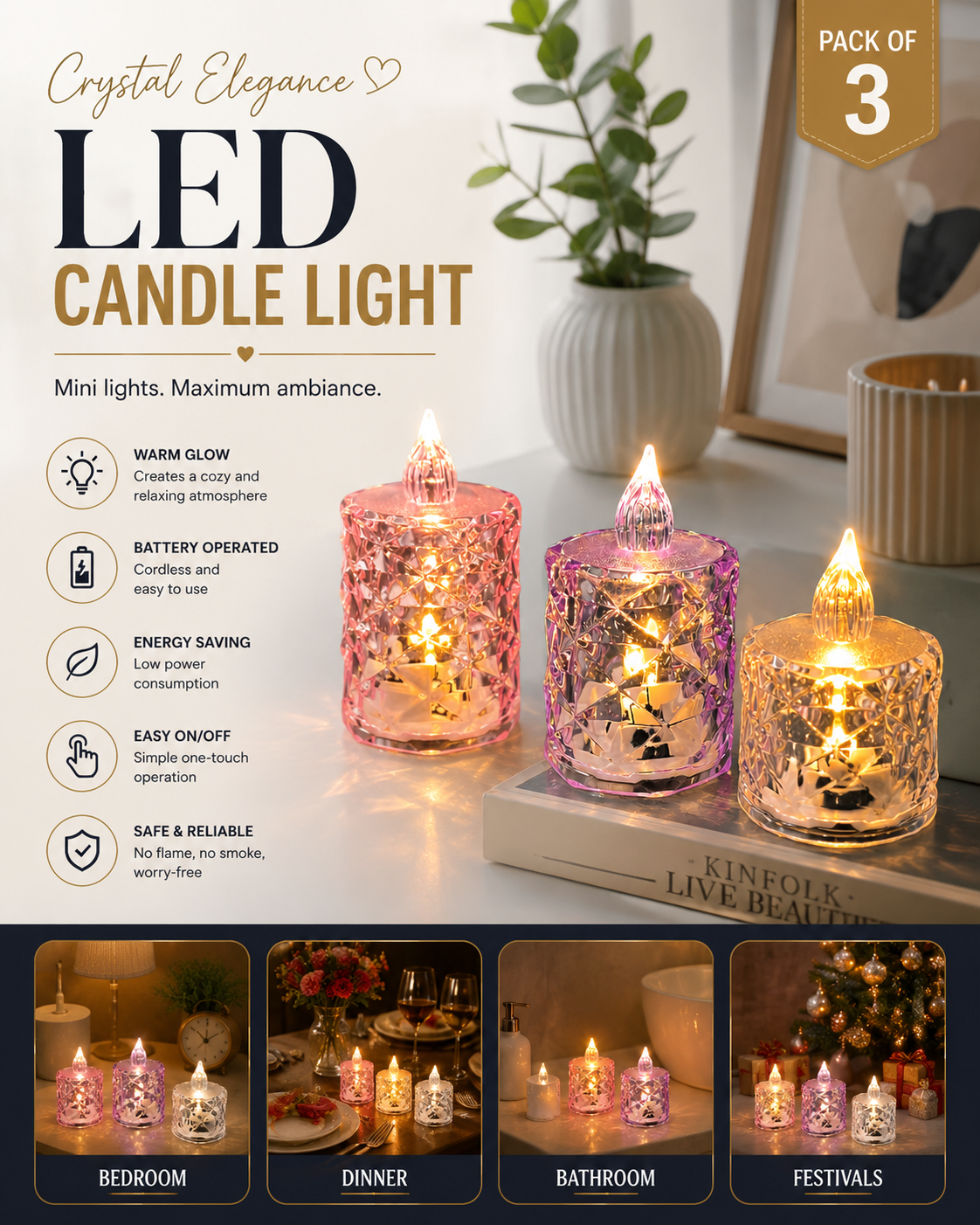 Premium Crystal LED Candle Lights (Pack of 3) | Battery Powered Flameless Decorative Tea Lights | Warm White Glow