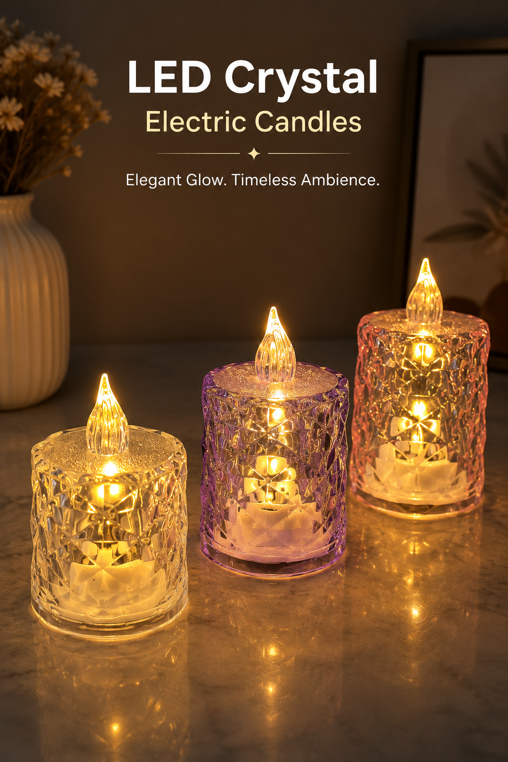 Premium Crystal LED Candle Lights (Pack of 3) | Battery Powered Flameless Decorative Tea Lights | Warm White Glow