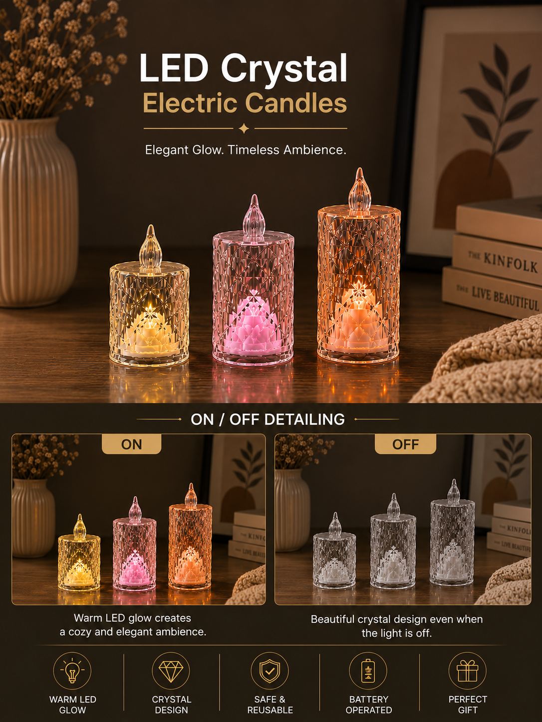 Premium Crystal LED Candle Lights (Pack of 3) | Battery Powered Flameless Decorative Tea Lights | Warm White Glow
