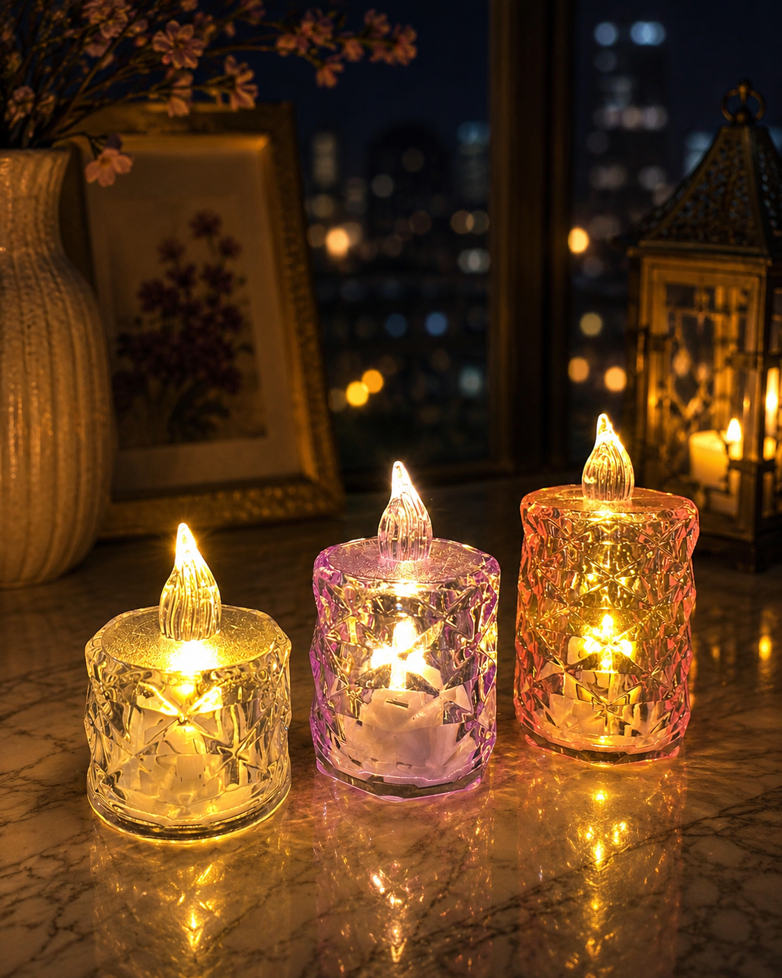 Premium Crystal LED Candle Lights (Pack of 3) | Battery Powered Flameless Decorative Tea Lights | Warm White Glow
