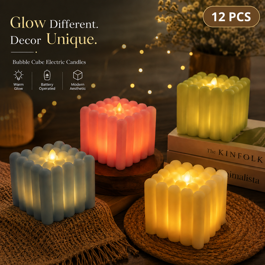 Bubble Cube LED Electric Candles 2 Inch | Pack of 12 | Battery Operated Flameless Decorative Lights