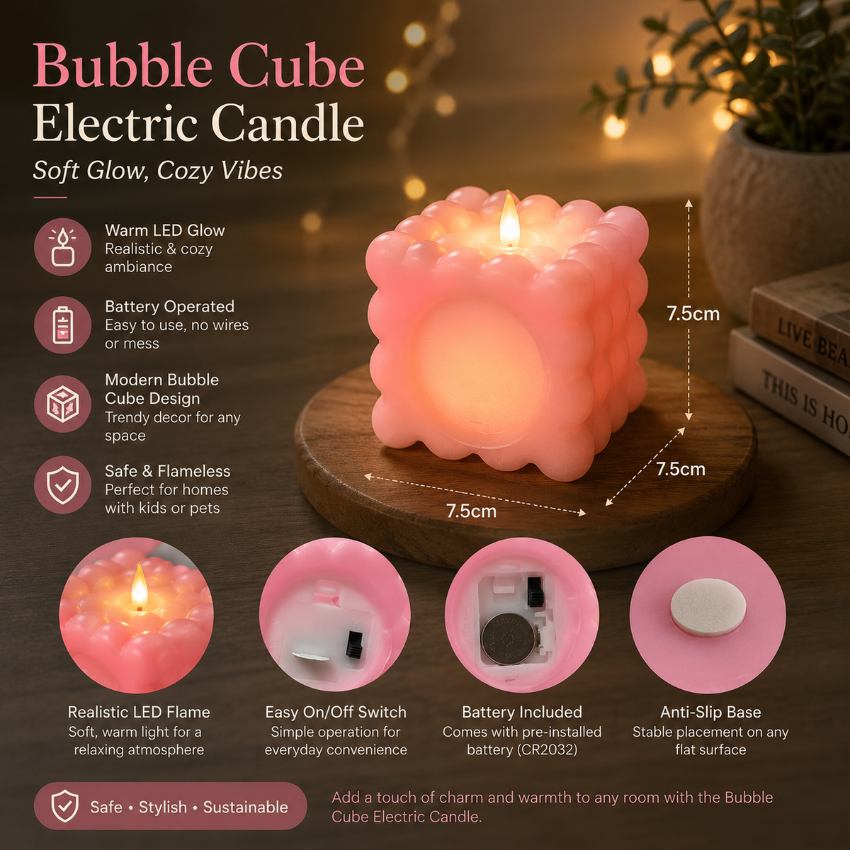 Bubble Cube LED Electric Candles 2 Inch | Pack of 12 | Battery Operated Flameless Decorative Lights