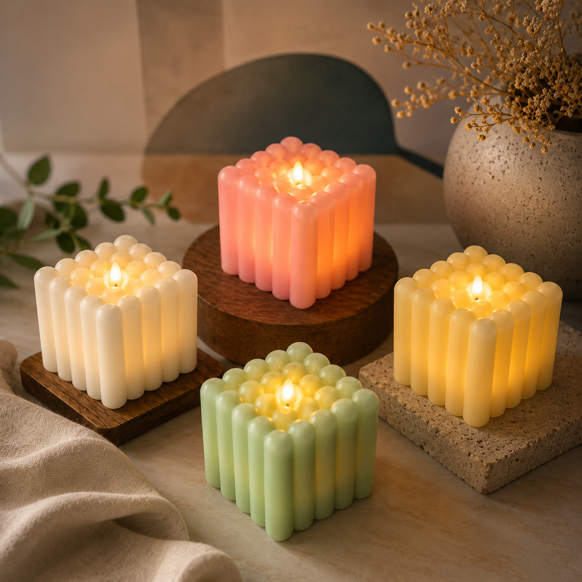 Bubble Cube LED Electric Candles 2 Inch | Pack of 12 | Battery Operated Flameless Decorative Lights