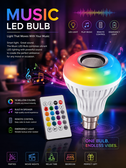 Premium LED Music Bulb with Bluetooth Speaker | Smart Color Changing Light | Remote Control | Decorative Lighting for Home, Parties & Festivals