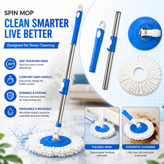 Mop Stick 360° Spin Cleaning Stainless Steel Rod/Handle/Stick Set with Mop 1 Refill (Blue)