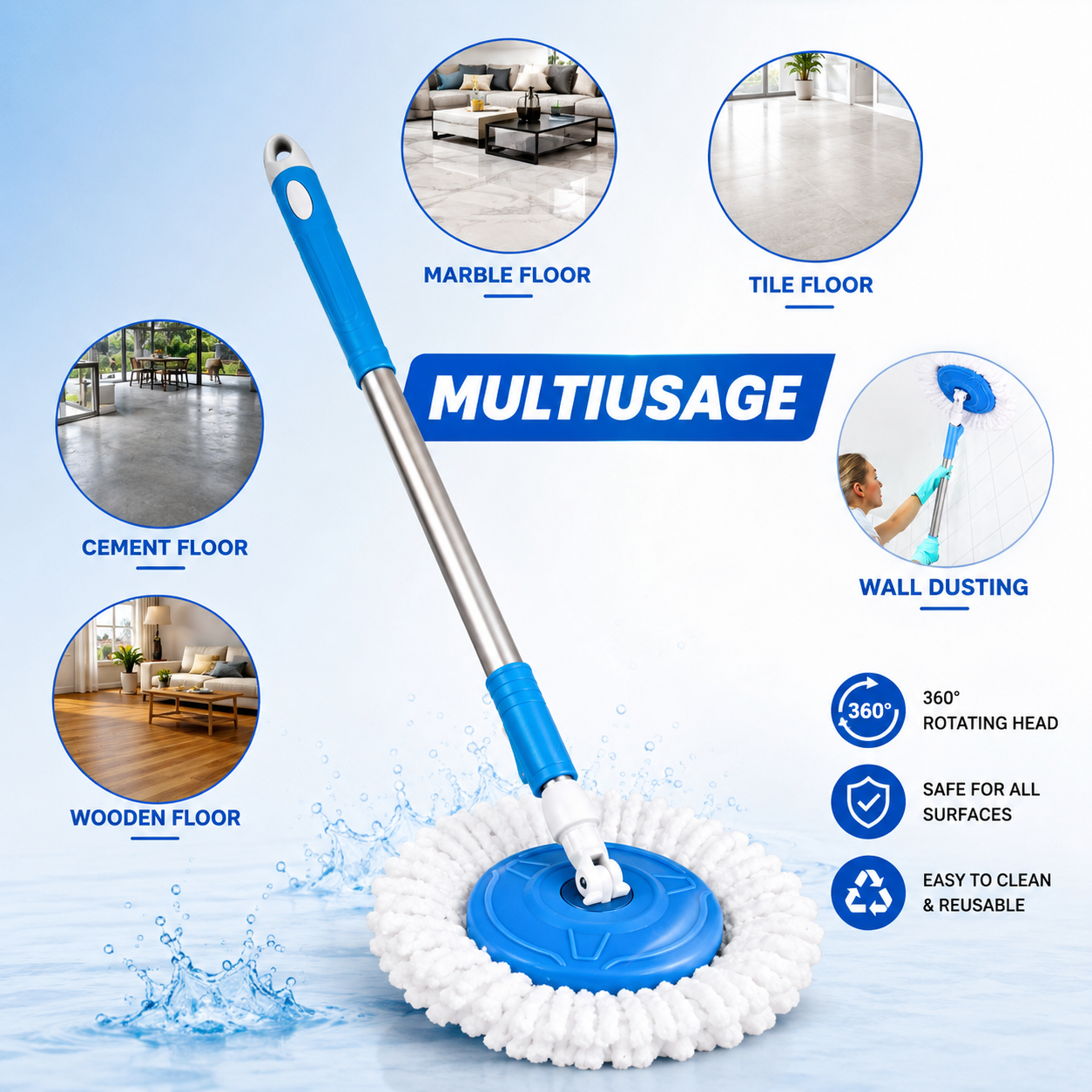 Mop Stick 360° Spin Cleaning Stainless Steel Rod/Handle/Stick Set with Mop 1 Refill (Blue)