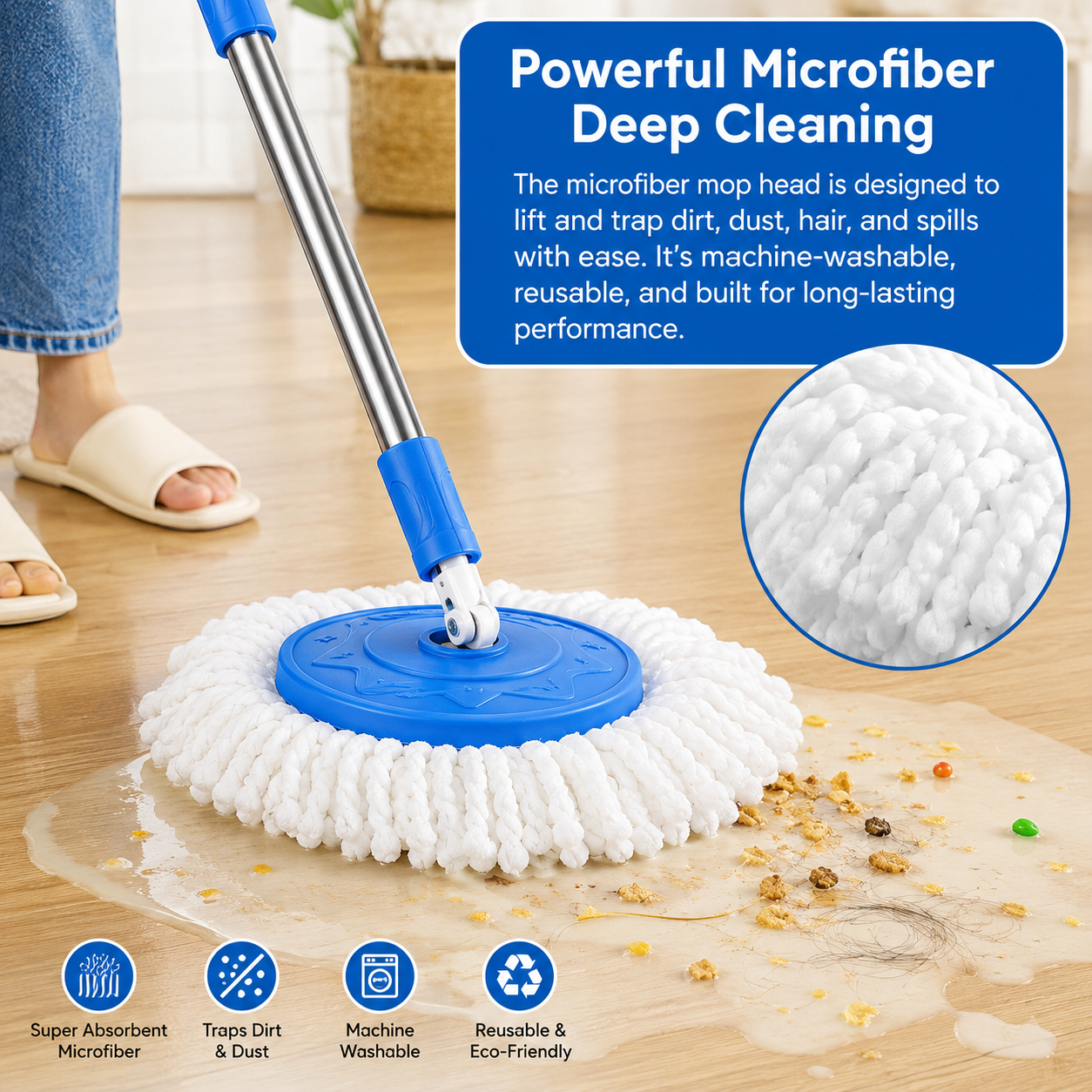 Mop Stick 360° Spin Cleaning Stainless Steel Rod/Handle/Stick Set with Mop 1 Refill (Blue)