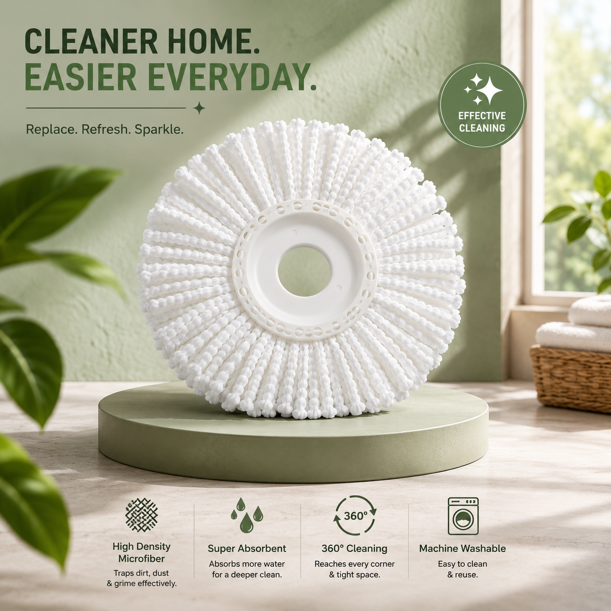 Microfiber Spin Mop Head Refill Pack of 3 | 360° Rotating Replacement Mop Heads | Super Absorbent, Washable & Durable Mop Refills for Floor Cleaning