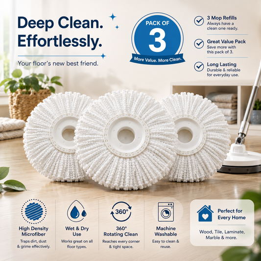 Microfiber Spin Mop Head Refill Pack of 3 | 360° Rotating Replacement Mop Heads | Super Absorbent, Washable & Durable Mop Refills for Floor Cleaning