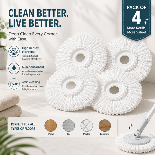 Microfiber Spin Mop Head Refill Pack of 4 | 360° Rotating Replacement Mop Heads | Super Absorbent, Washable & Durable Mop Refills for Floor Cleaning
