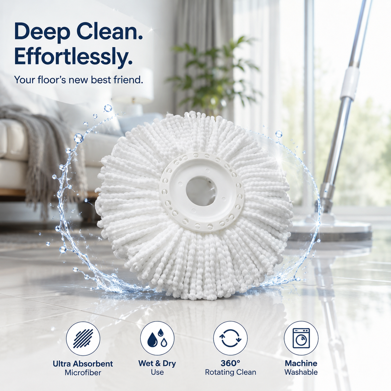 Microfiber Spin Mop Head Refill Pack of 4 | 360° Rotating Replacement Mop Heads | Super Absorbent, Washable & Durable Mop Refills for Floor Cleaning