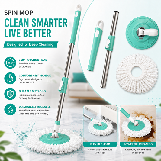 Mop Stick 360° Spin Cleaning Stainless Steel Rod/Handle/Stick Set with Mop 1 Refill (Sea Green)