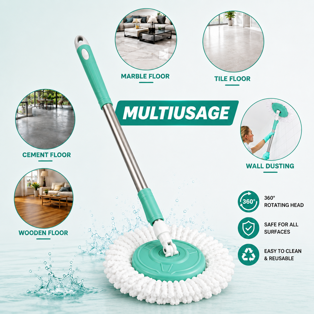 Mop Stick 360° Spin Cleaning Stainless Steel Rod/Handle/Stick Set with Mop 1 Refill (Sea Green)