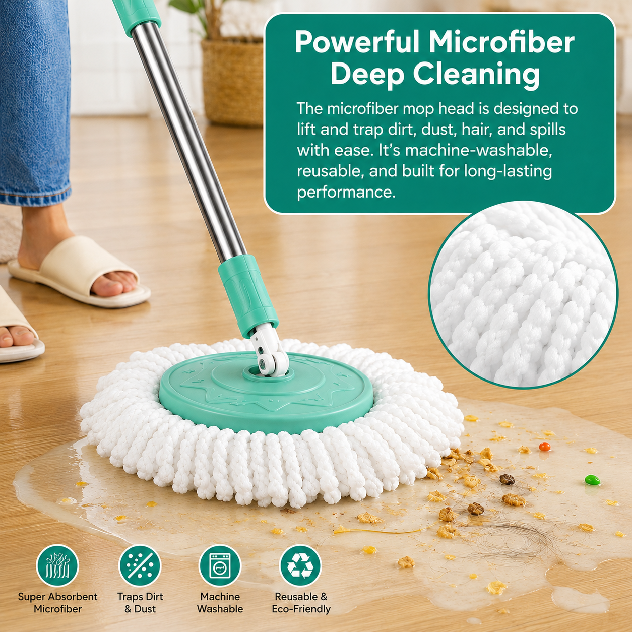 Mop Stick 360° Spin Cleaning Stainless Steel Rod/Handle/Stick Set with Mop 1 Refill (Sea Green)