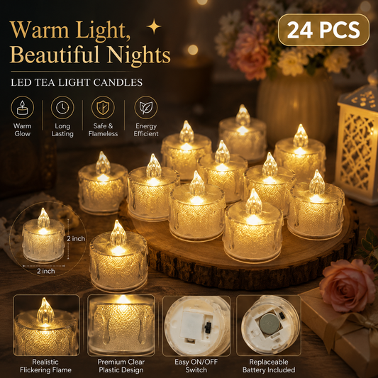 Flameless Warm LED Tea Light Candles 2 Inch | Pack of 24 Electric Candles