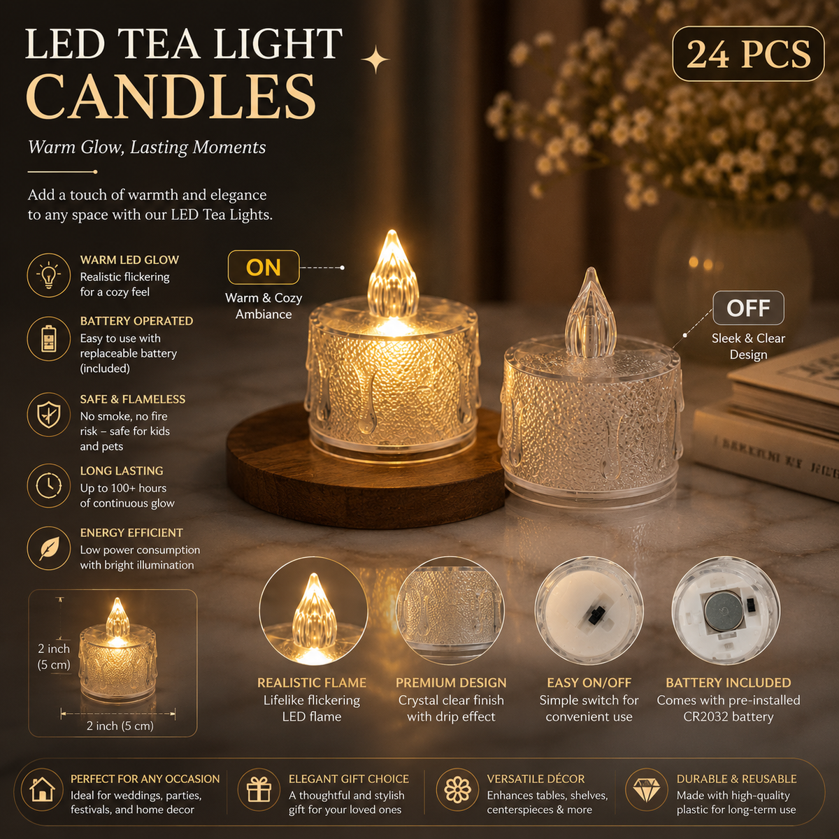 Flameless Warm LED Tea Light Candles 2 Inch | Pack of 24 Electric Candles