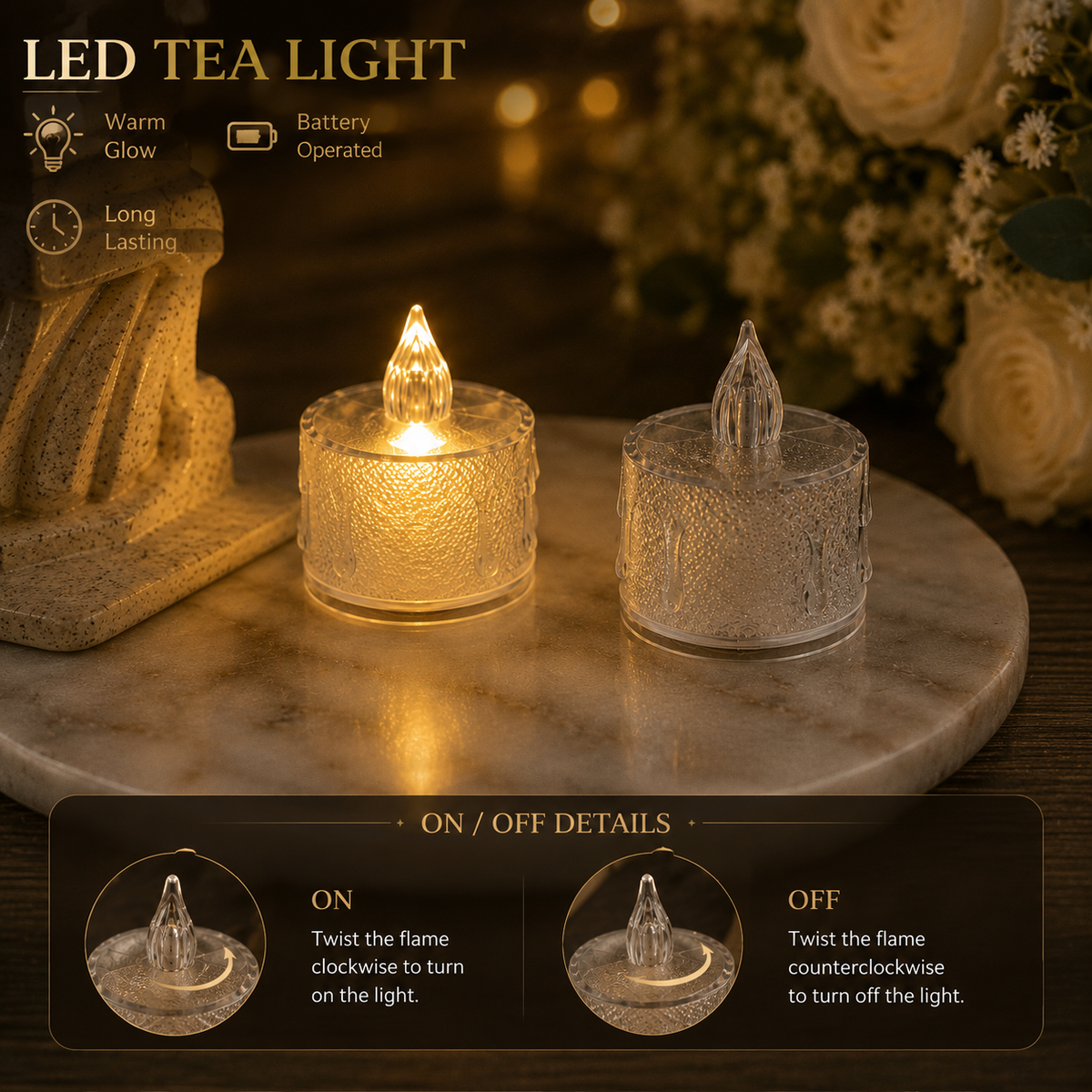 Flameless Warm LED Tea Light Candles 2 Inch | Pack of 24 Electric Candles
