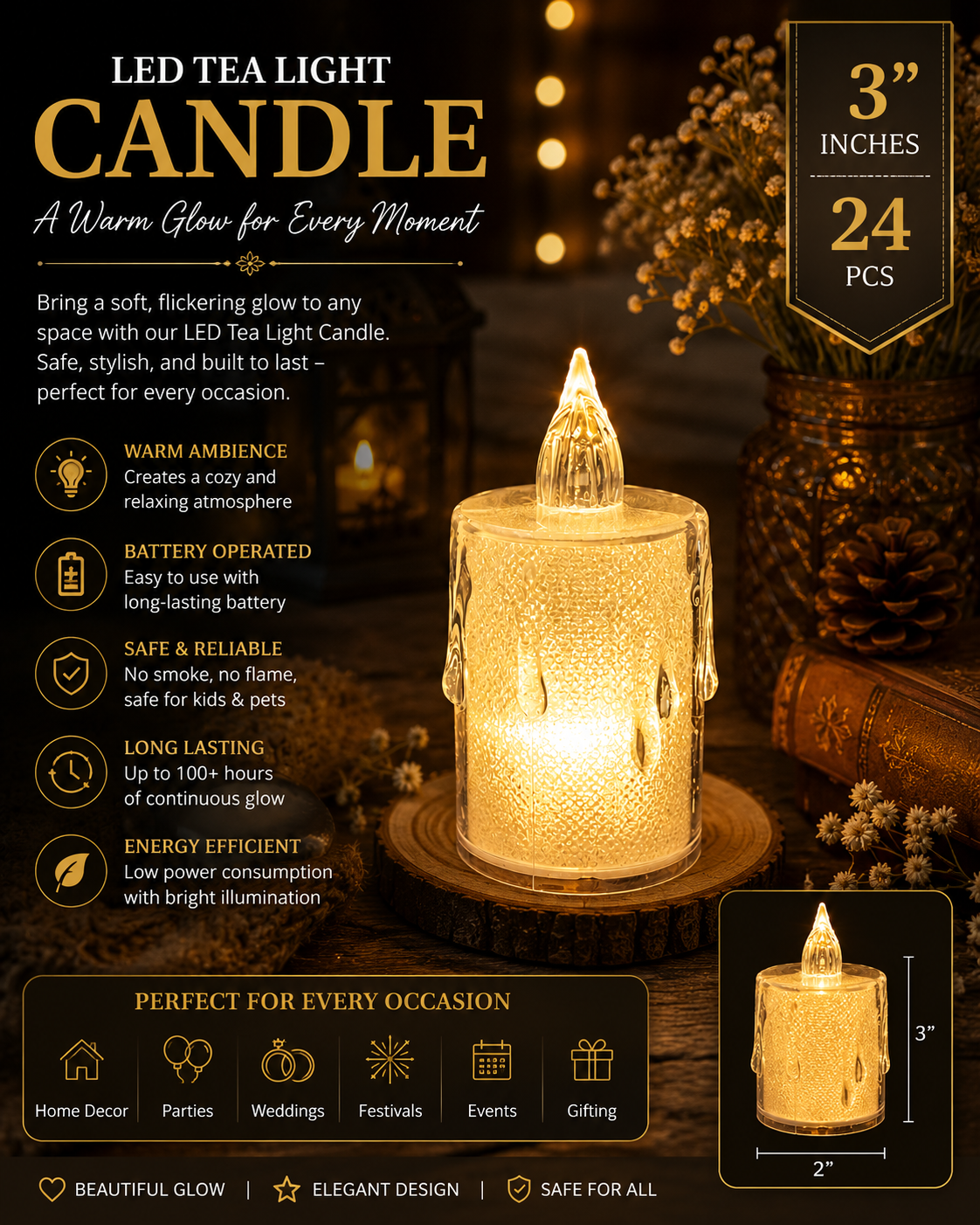 Flameless Warm LED Tea Light Candles 3 Inch | Pack of 24 Electric Candles