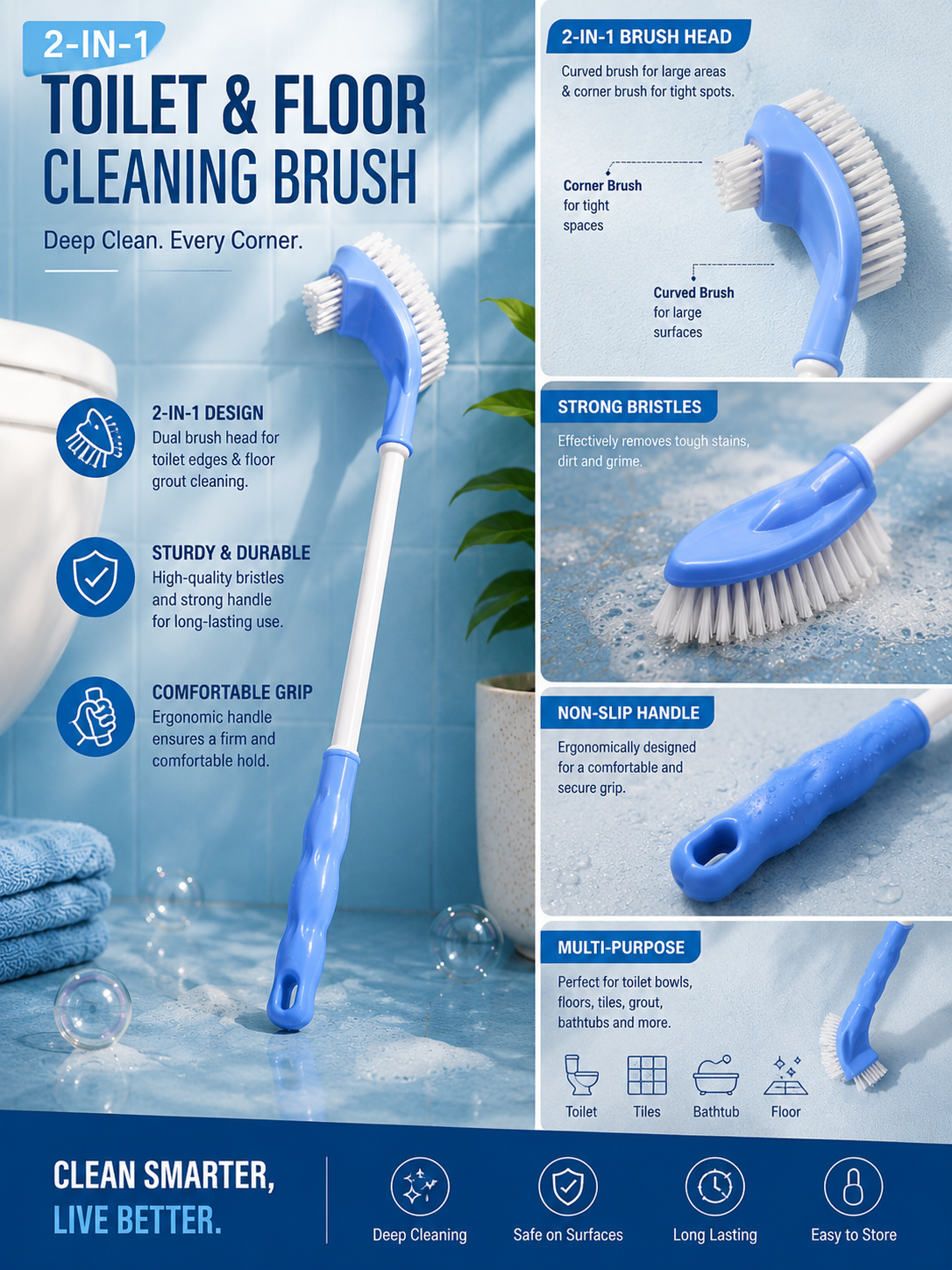 Double-Sided Toilet Cleaning Brush with Long Handle | Deep Cleaning Toilet Bowl Brush | Strong Durable Bristles | Ergonomic Grip | Bathroom Cleaning Tool